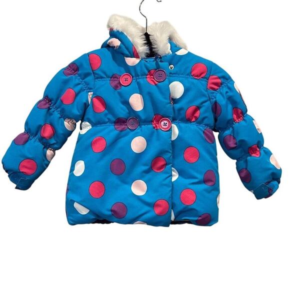 LuvGear Girls 3T Blue Polka Dot Puffer Jacket Faux Fur Hood Winter - Picture 1 of 11